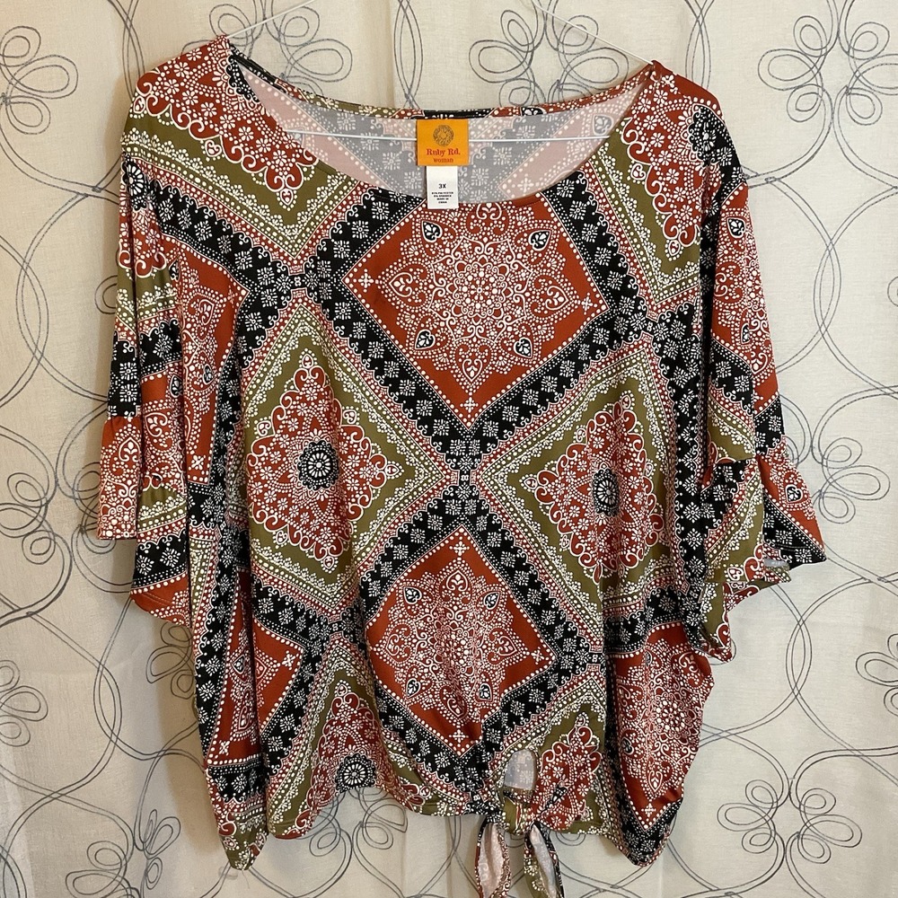 Ruby Rd. Women Colorful Textured Short Sleeve Top Tie Waist Size 3X
